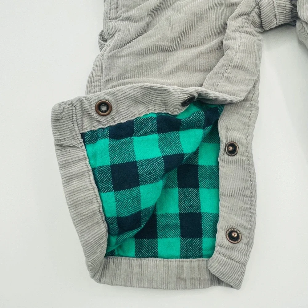 EUC OshKosh B'gosh Vestbak Corduroy Plaid Flannel Lined Overalls Gray Baby 9-12M